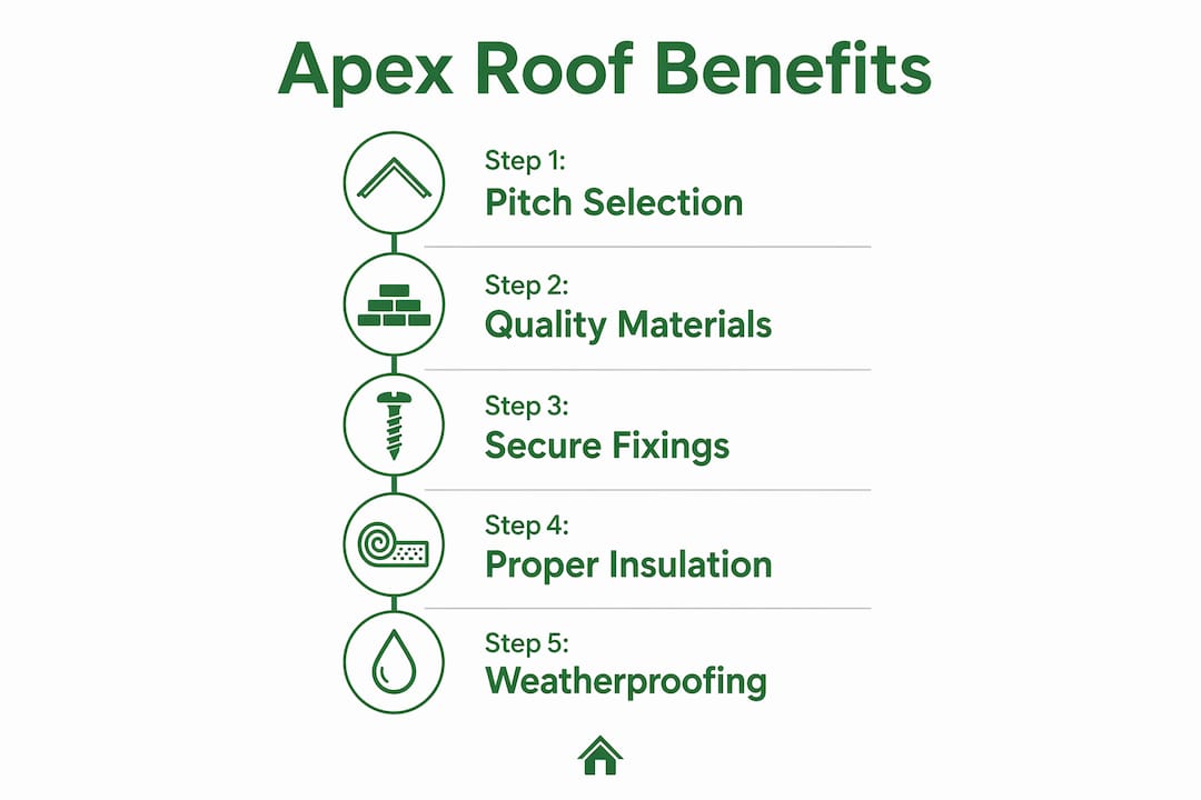 Infographic outlining apex roof benefits and build steps