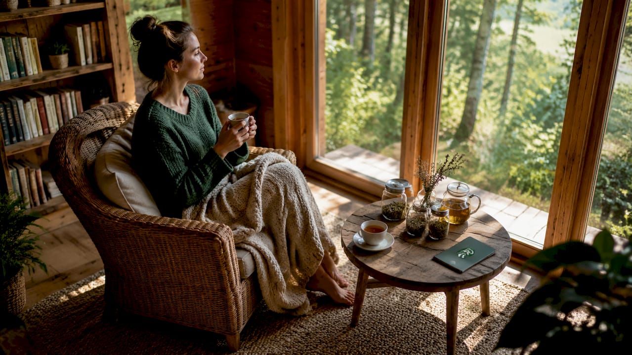 Relaxing timber cabin interior with natural light