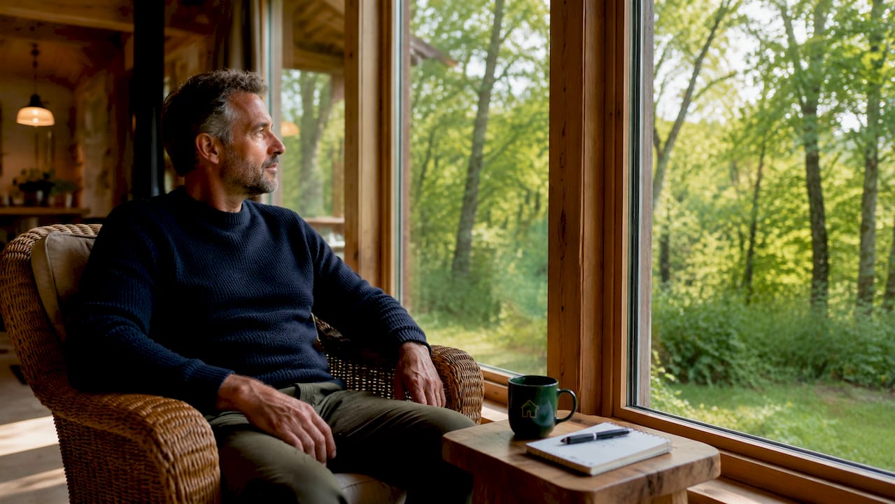 Man inside double glazed cabin by window
