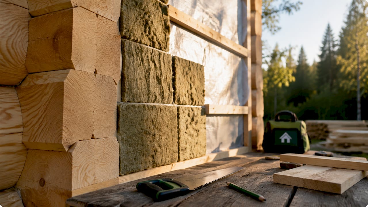 Timber cabin wall layers with insulation materials