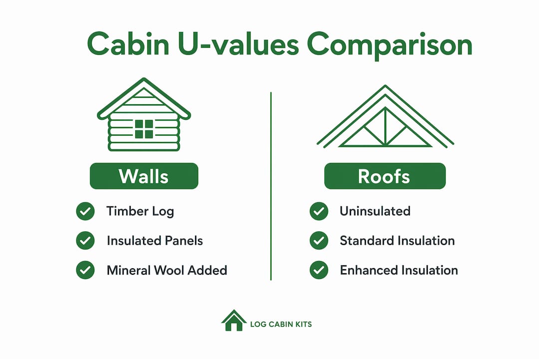 Infographic comparing U-values of cabin walls and roofs