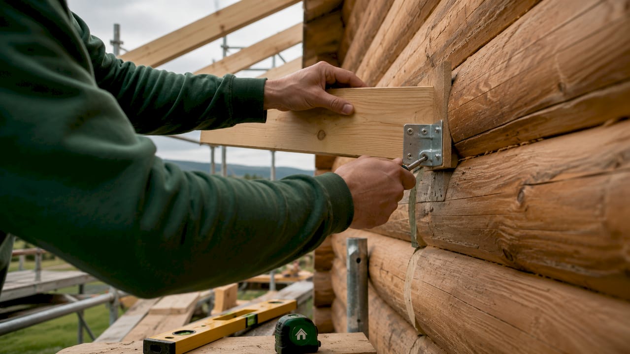 Close-up hands fixing veranda frame to log cabin