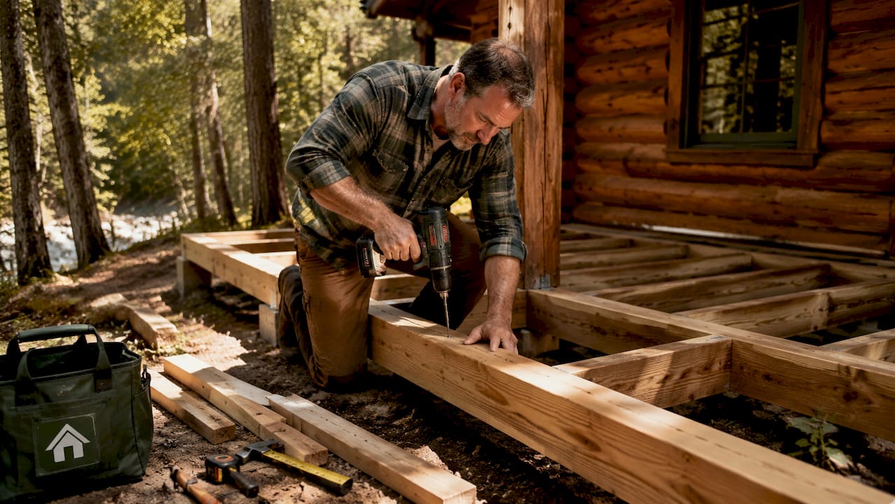 Man constructing veranda on log cabin exterior