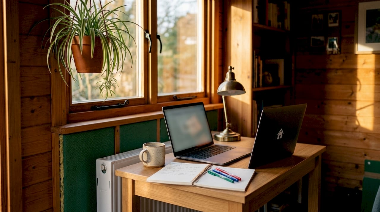 Interior of a garden pod home office with ergonomic desk setup