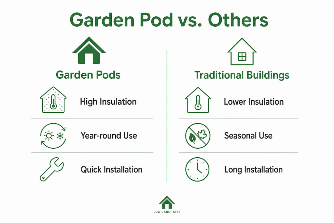 Infographic comparing garden pods and traditional garden buildings