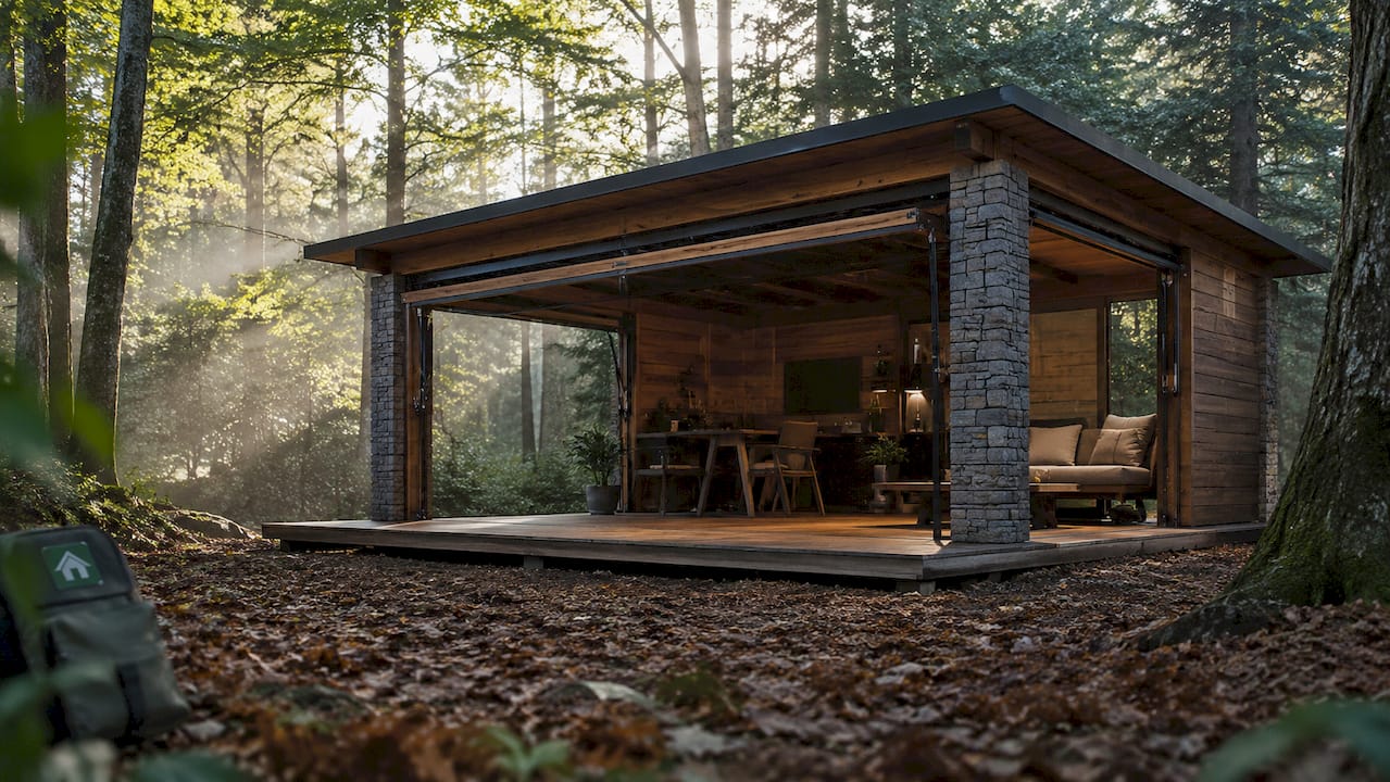 Modular garden cabin with fold-down walls open in backyard