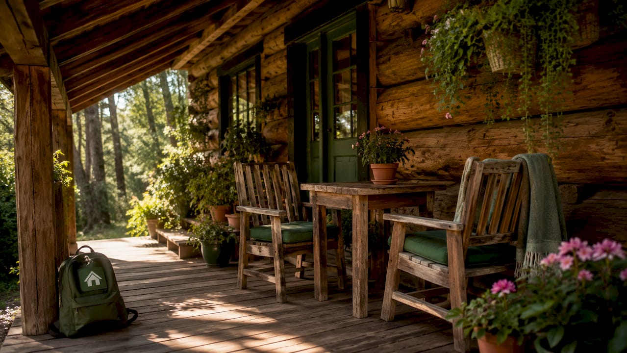 Cozy cabin veranda with outdoor seating and potted plants