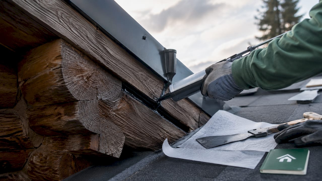 Overhead view of sealant application on cabin roof edges