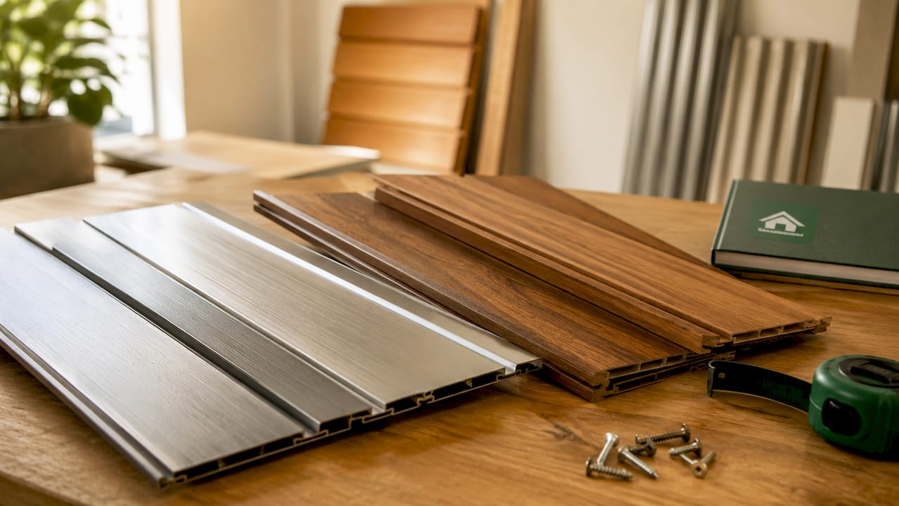 Metal and vinyl cabin cladding material samples on table