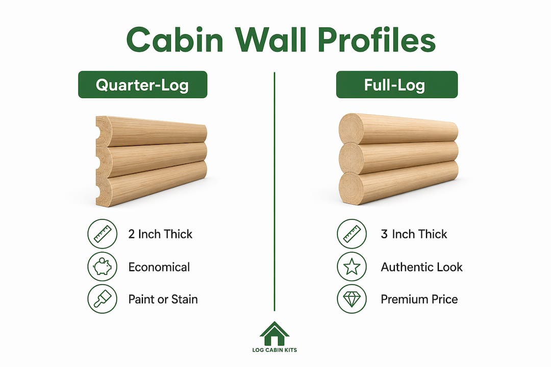 Infographic comparing quarter-log and full-log cabin wall profiles