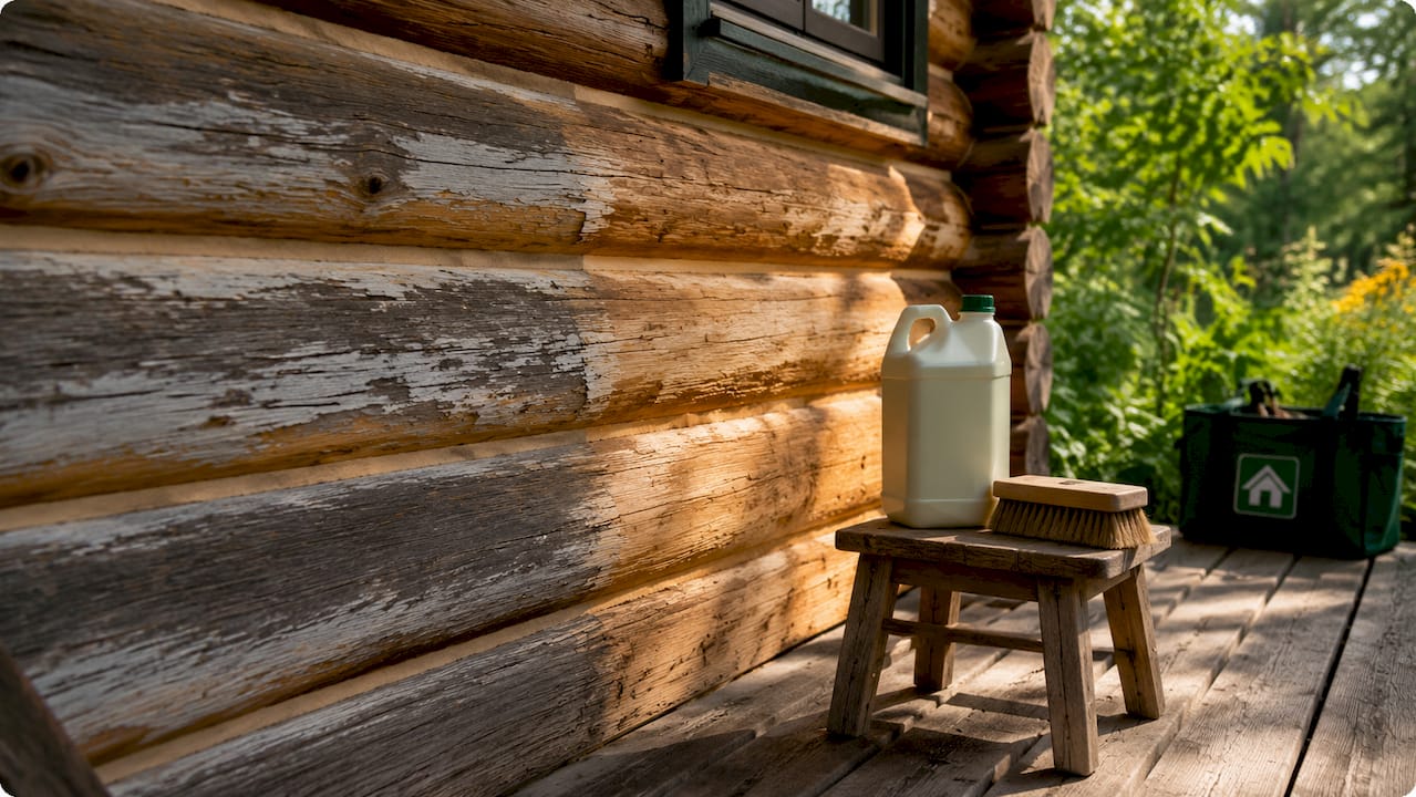 Log cabin wood surface before and after cleaning preparation