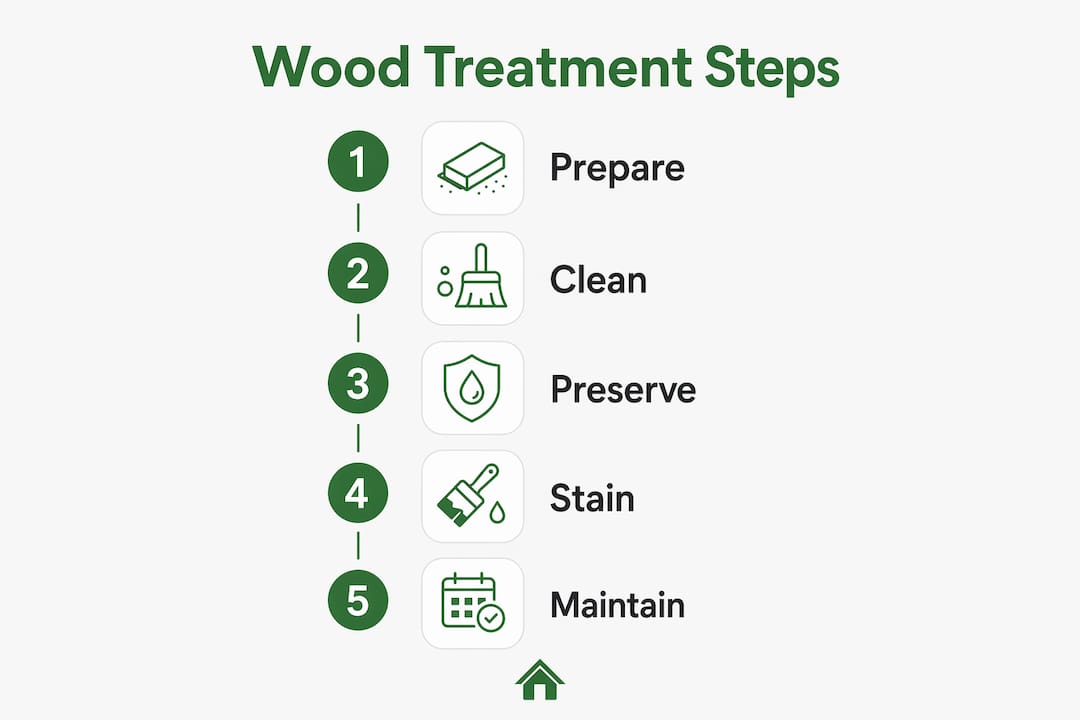 Infographic showing step-by-step wood treatment process for log cabins