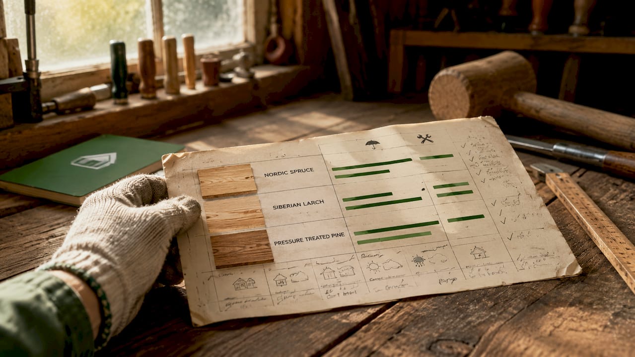 Hand holding timber durability comparison chart in workshop
