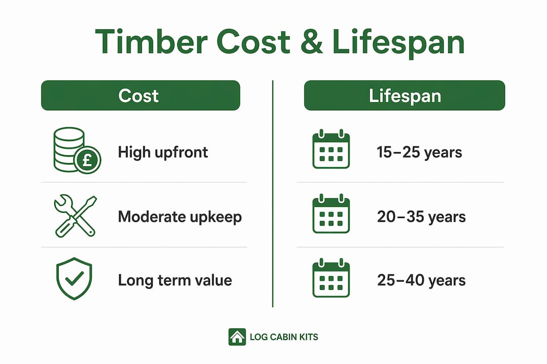 Infographic comparing Scandinavian timber cost and lifespan
