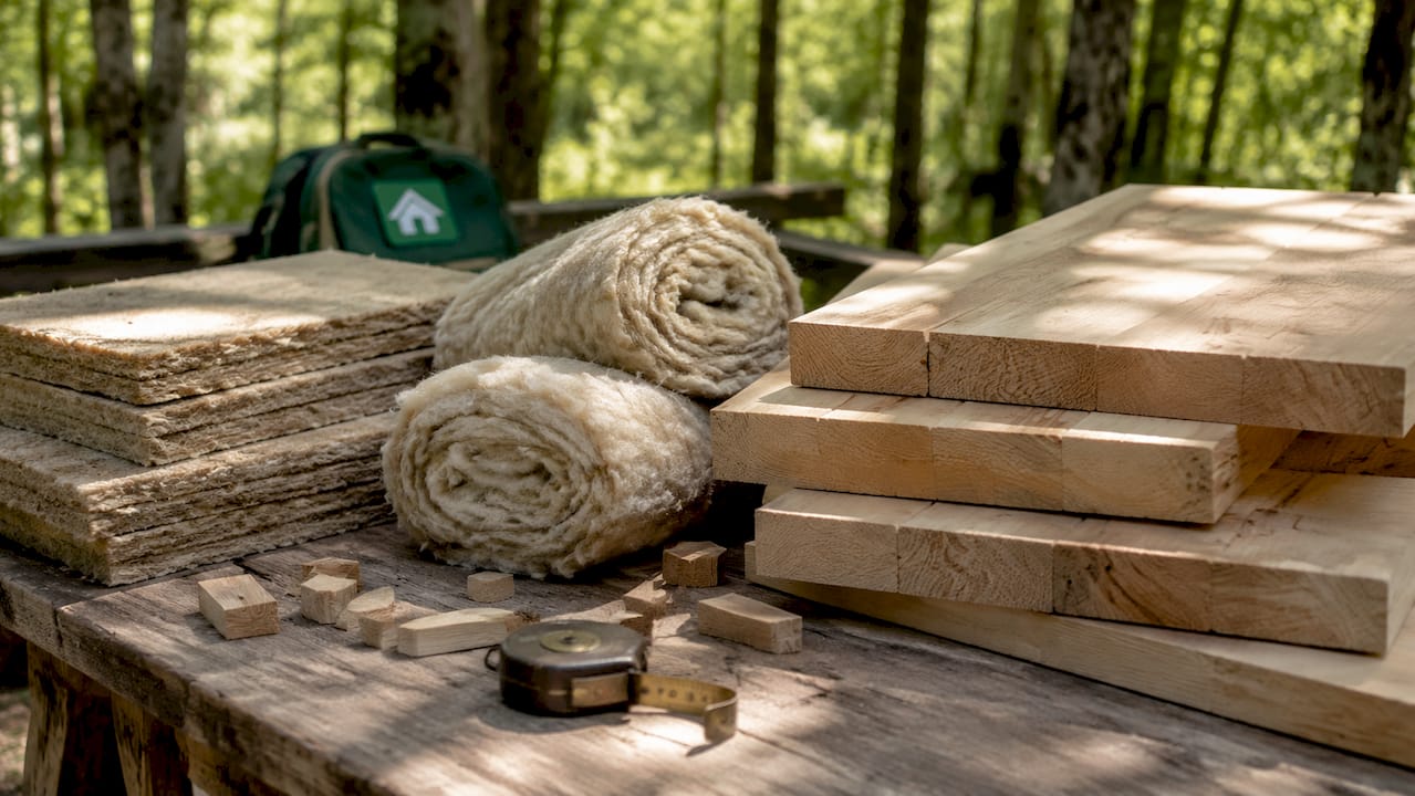 Natural timber planks and sheep's wool insulation on workbench