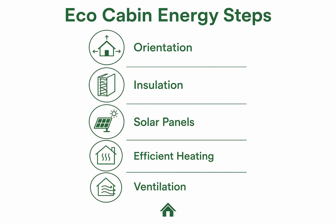 Infographic showing five energy efficiency steps for eco cabins