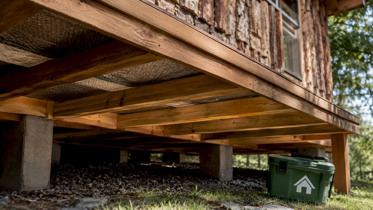 Underside of wooden deck showing joists and cabin wall