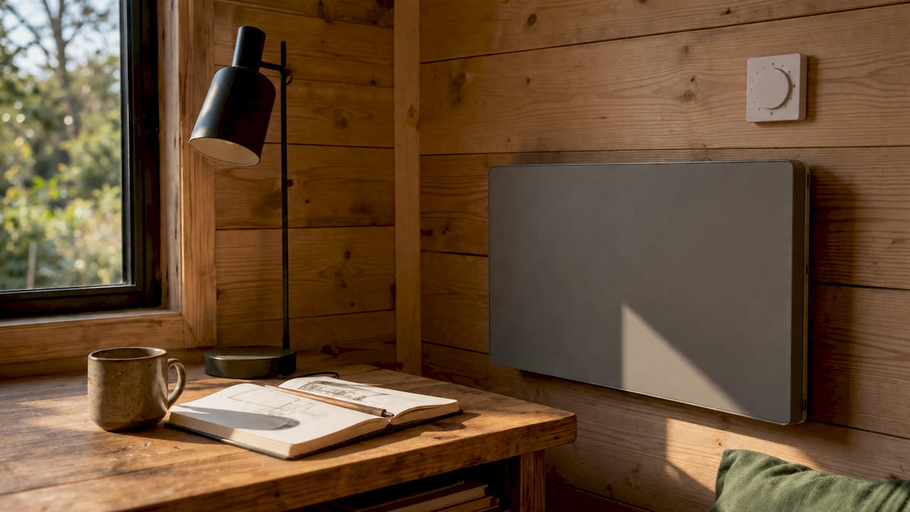 Infrared panel heater and LED task lamp inside garden cabin
