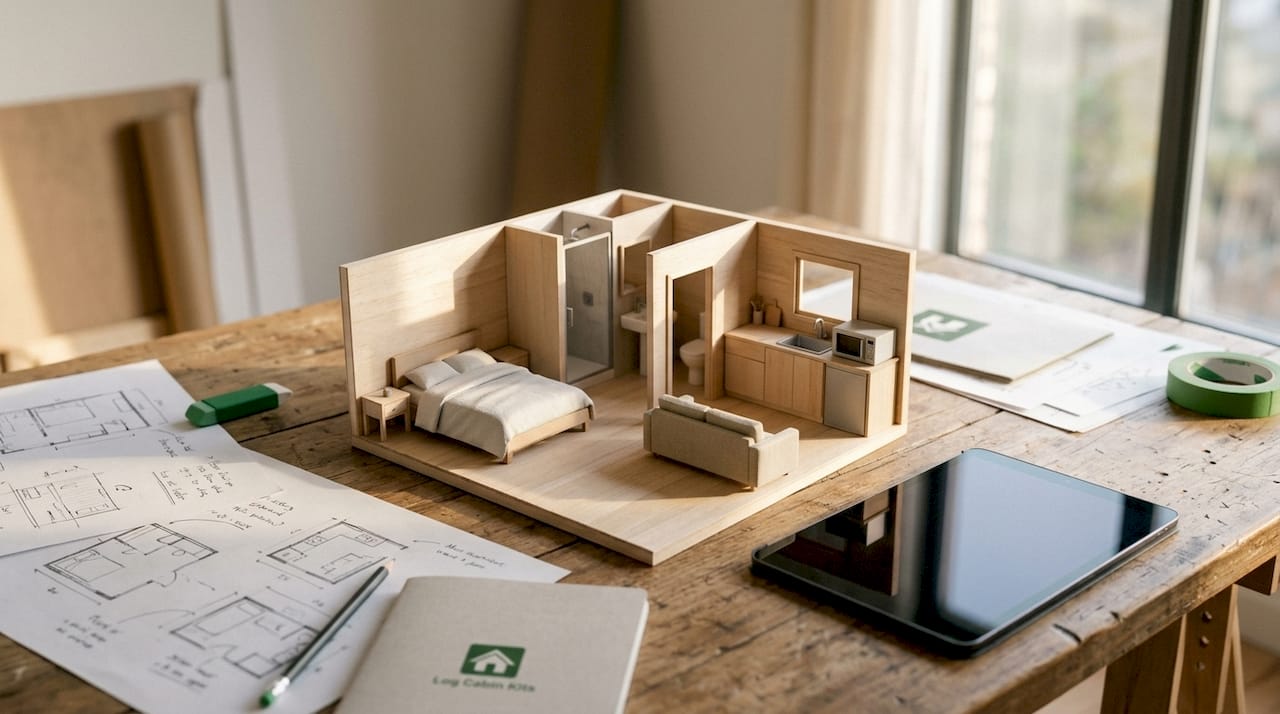 Overhead model of cabin annexe interior layout on wooden table