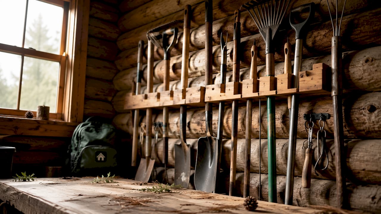 Vertical wooden rack with long-handled garden tools in log cabin