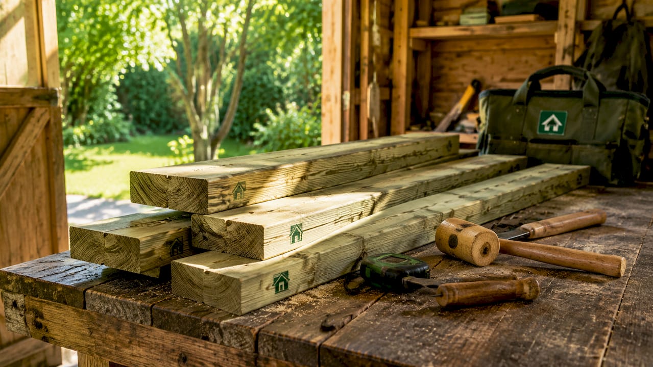 Overhead view of pressure-treated timber planks with markings