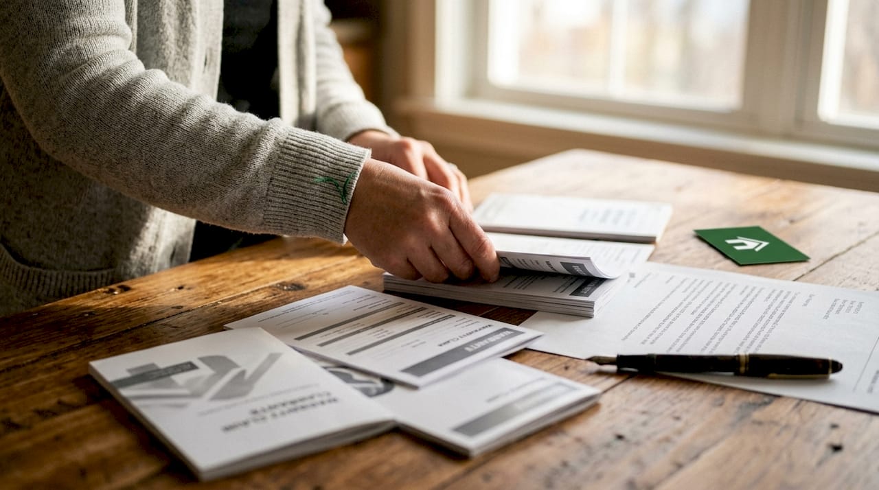 Hands organizing warranty claim documents on office desk