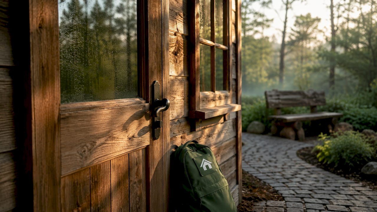 Side view of west-facing garden cabin door under golden hour light