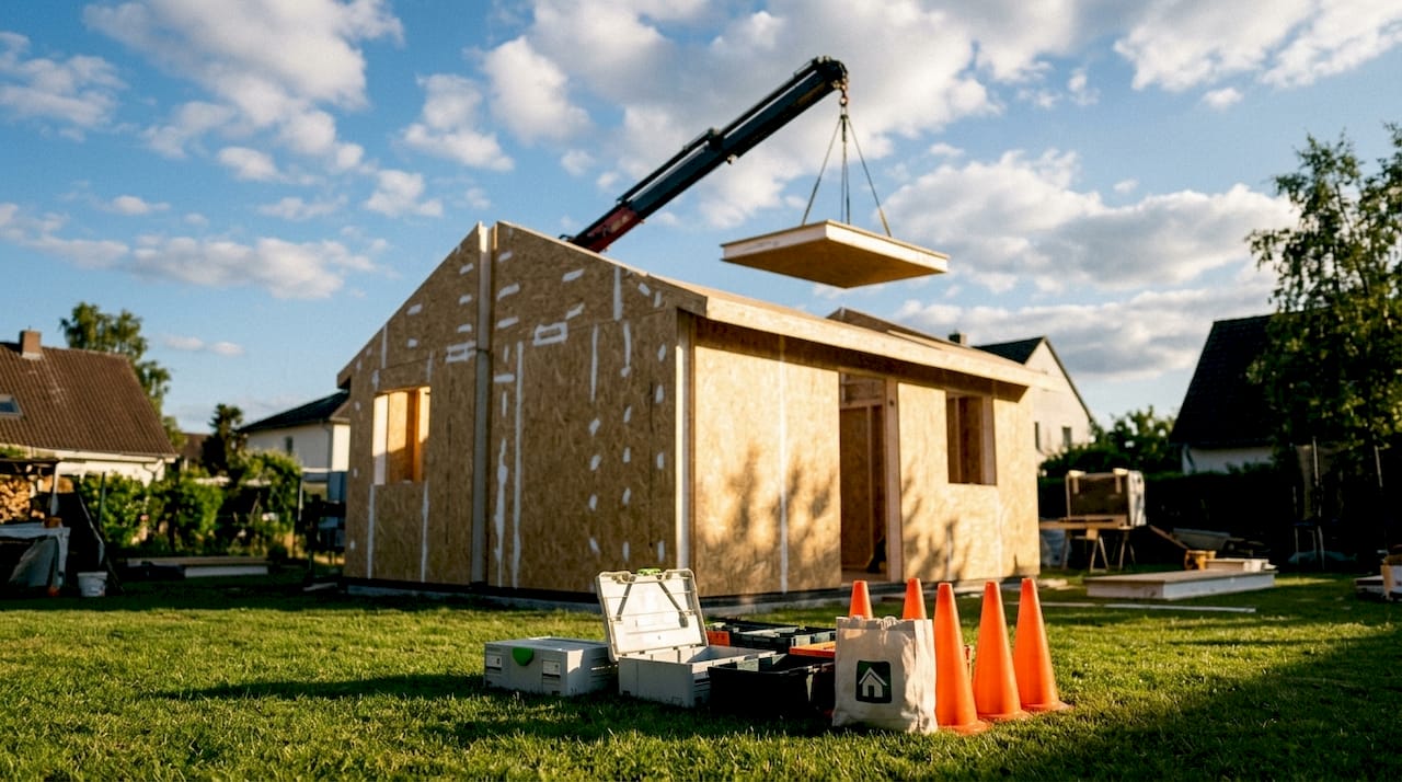 Nearly complete SIP cabin shell being assembled outdoors with crane