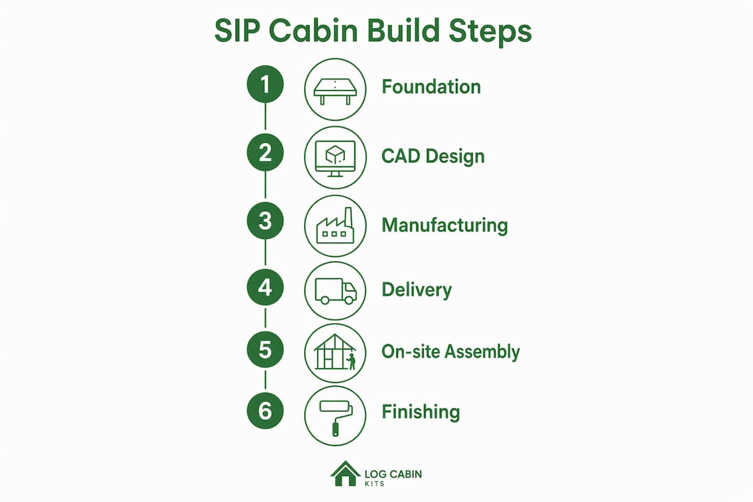 Infographic illustrating step-by-step SIP cabin construction process