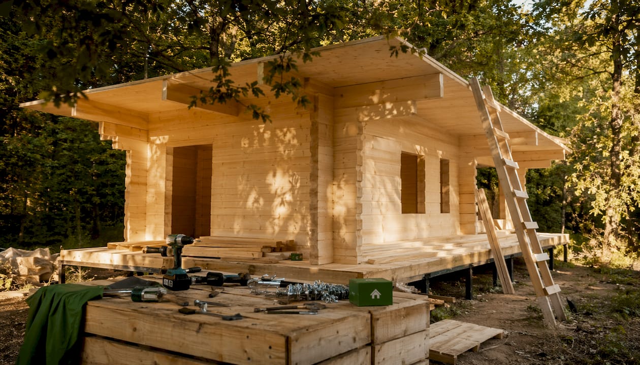 Modular log cabin assembled on foundation at construction site