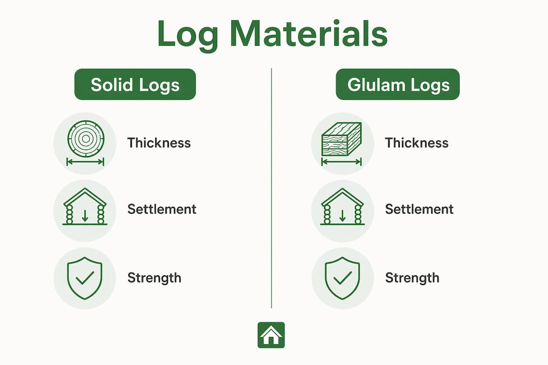 Infographic comparing solid logs versus glulam logs features