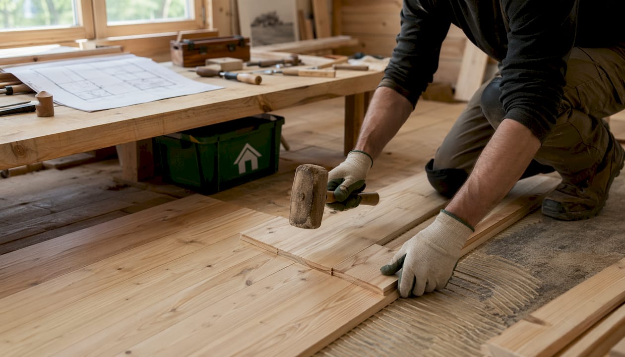 Hands installing tongue and groove wooden flooring with mallet