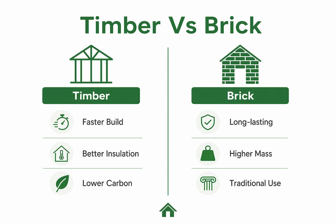 Infographic comparing timber frame and brick construction benefits