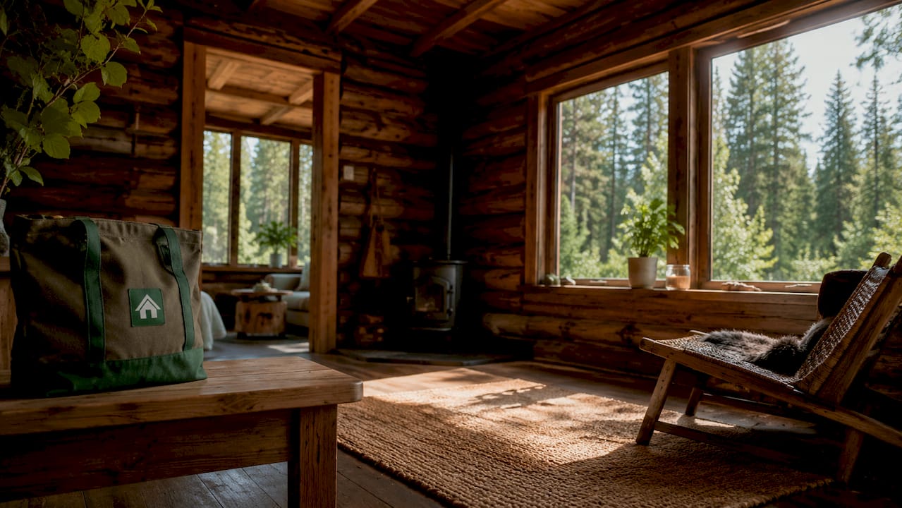 Bright Scandinavian cabin interior with wooden walls and windows