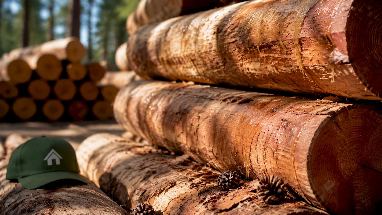 Close-up of Nordic redwood timber logs with resin