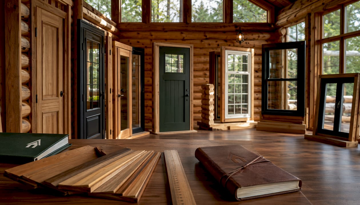 Showroom with log cabin doors and timber samples