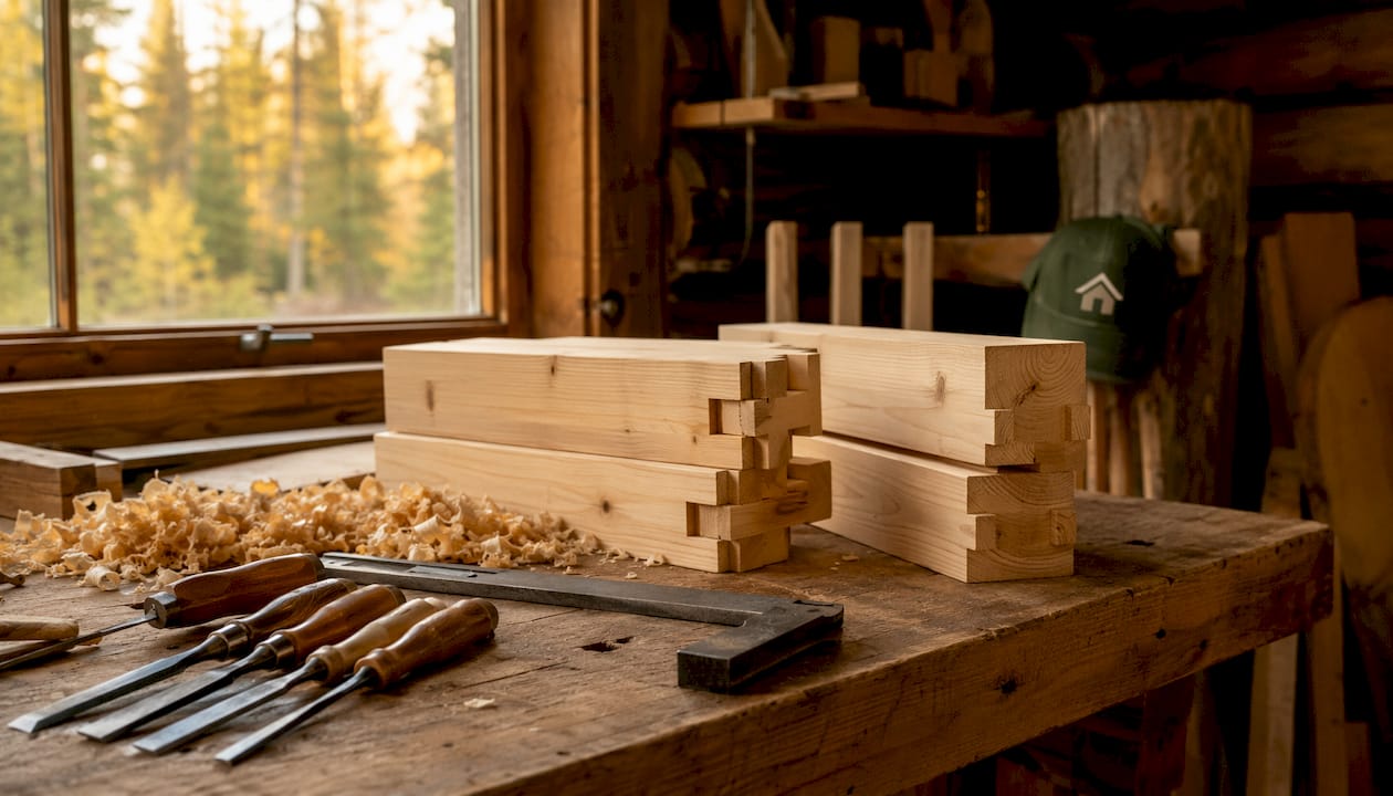 Workbench with timber joinery and carpentry tools