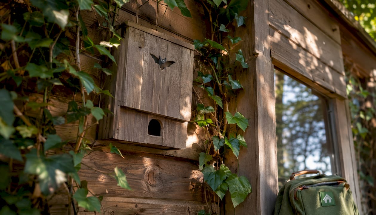 Close-up of bat box and ivy on timber garden cabin wall