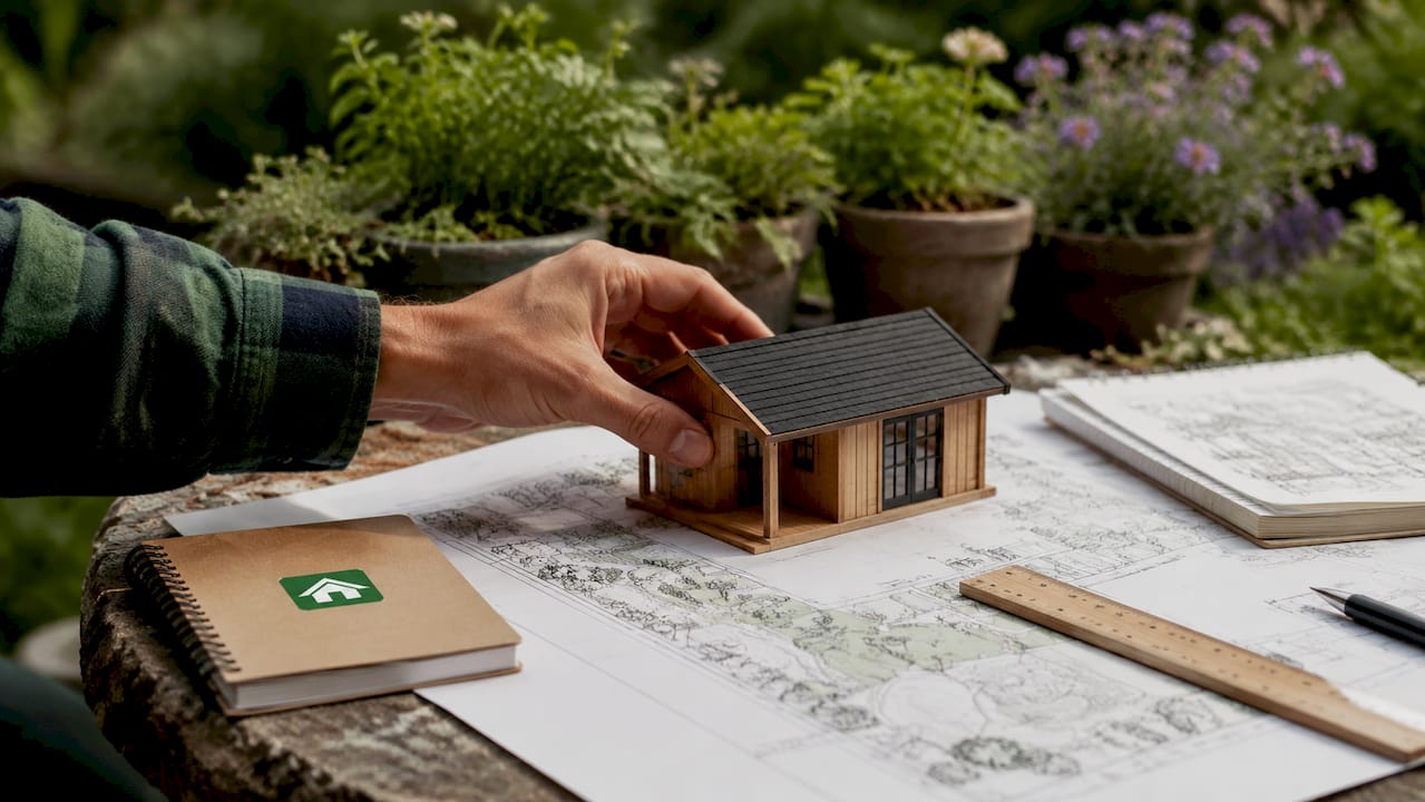Hands positioning model garden cabin on outdoor garden plan