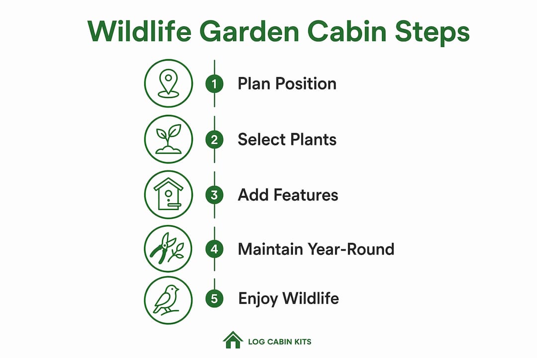 Infographic showing five key steps to creating and maintaining a wildlife garden cabin