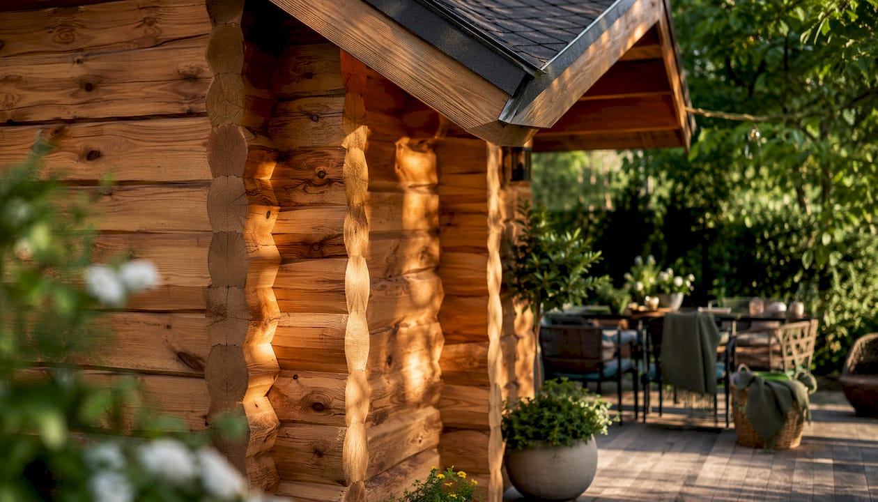 Close-up of pine log cabin walls and roof materials