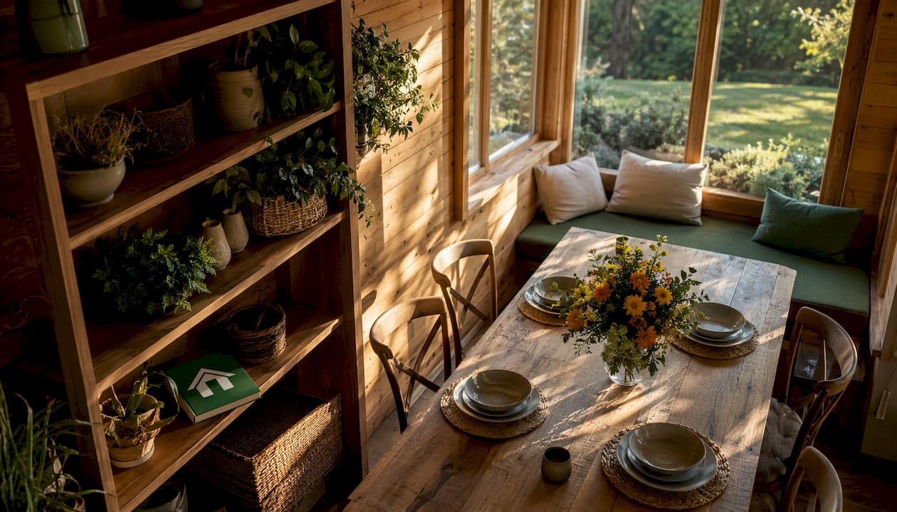 Interior of garden dining cabin with wooden dining table