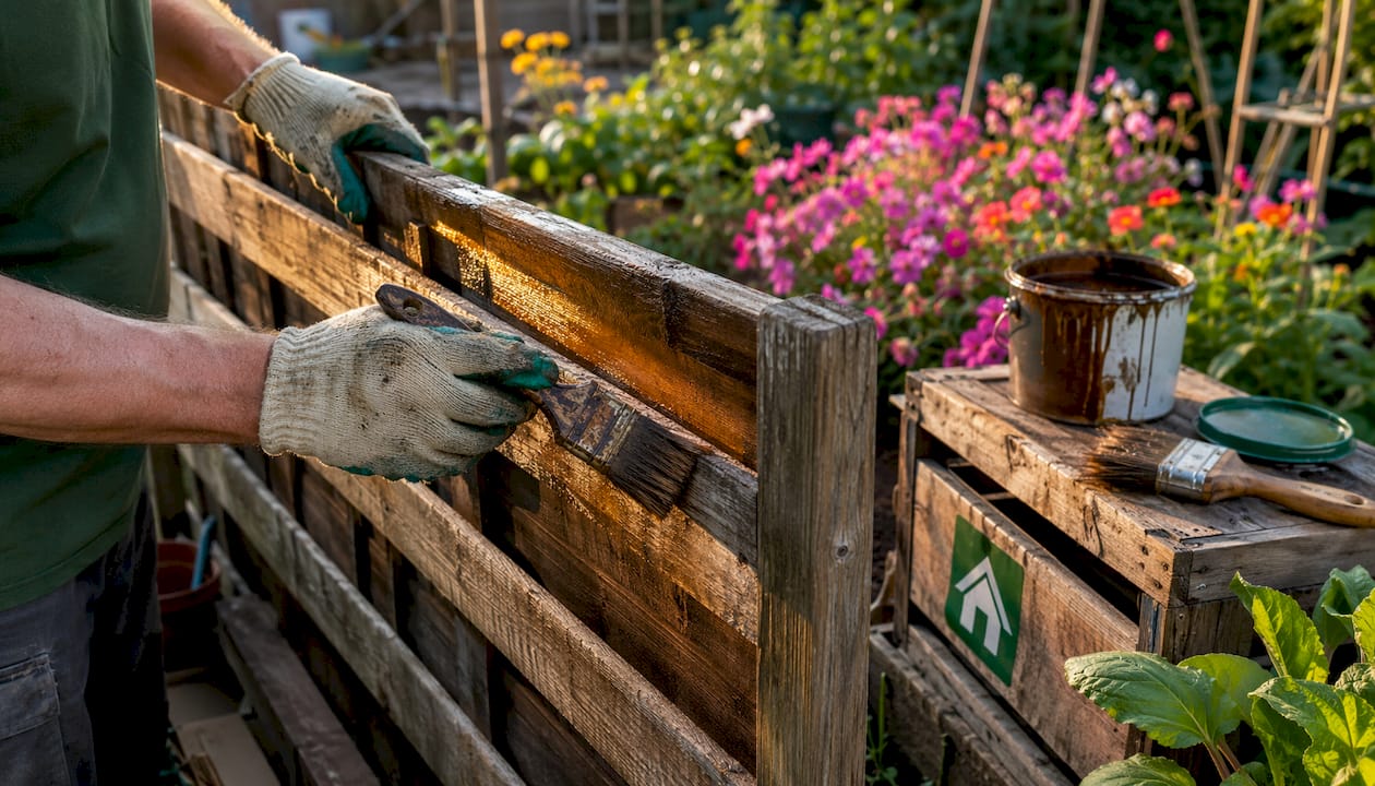 Hands applying protective treatment to garden timber fence