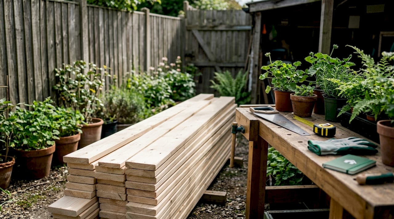 Stack of treated Scandinavian softwood timber in garden workshop