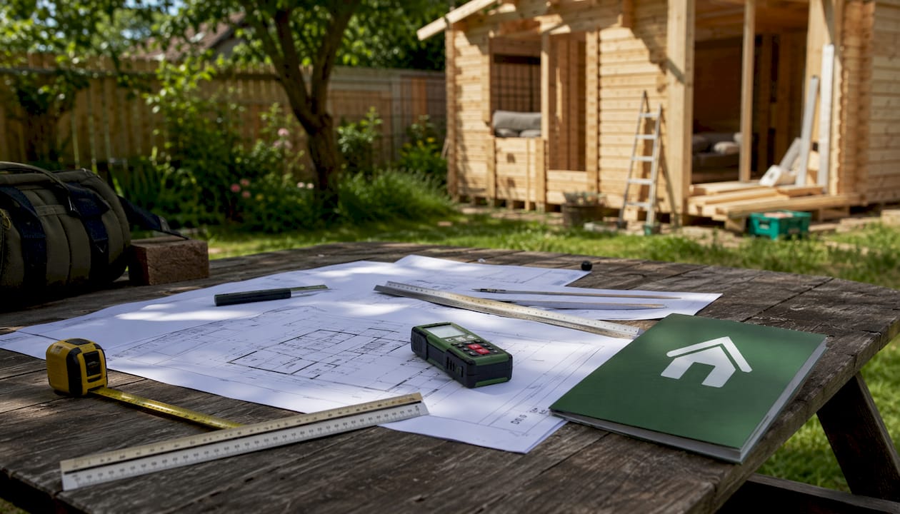 Measuring tools and blueprints for cabin sizing outdoors