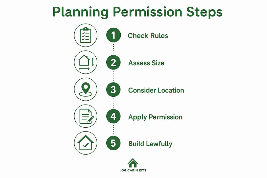 Infographic outlining log cabin planning permission steps in UK