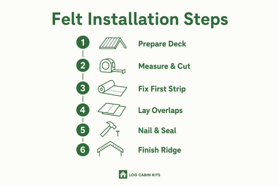 Infographic showing step-by-step log cabin roof felt installation