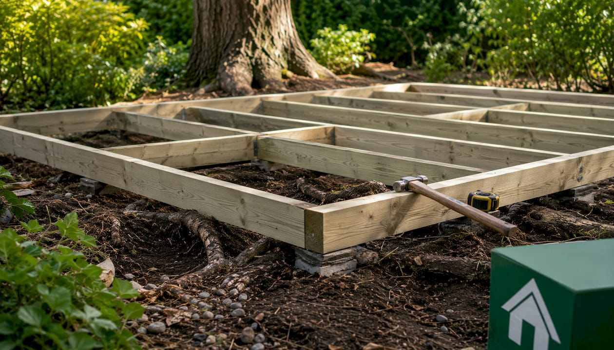 Timber base construction above roots for cabin