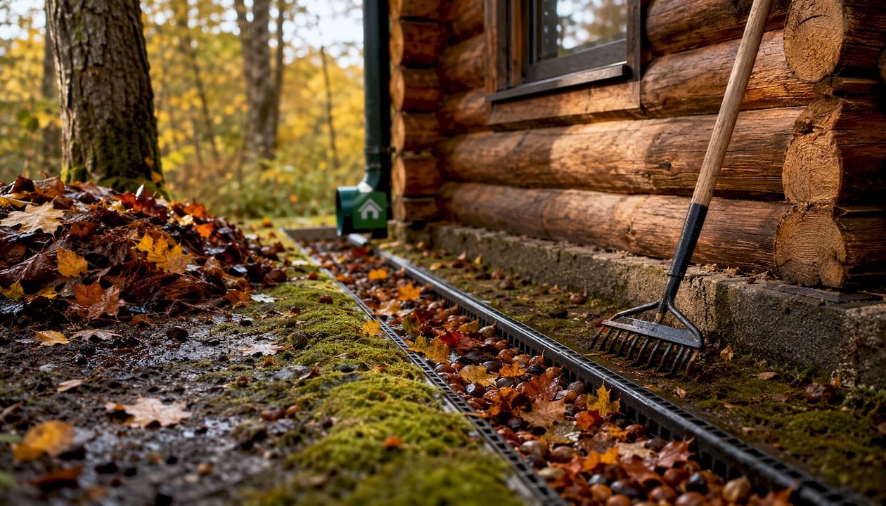 Garden drainage with leaves and nut debris