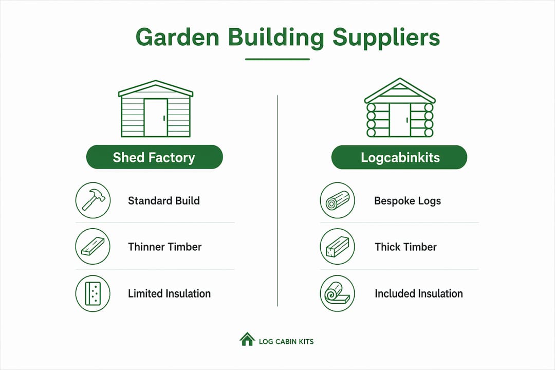 Infographic comparing Shed Factory and Logcabinkits garden buildings